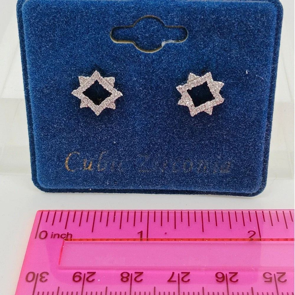 Vintage 1990s Cubic Zirconia Geometric Star Stud Earrings Silver Tone New‎